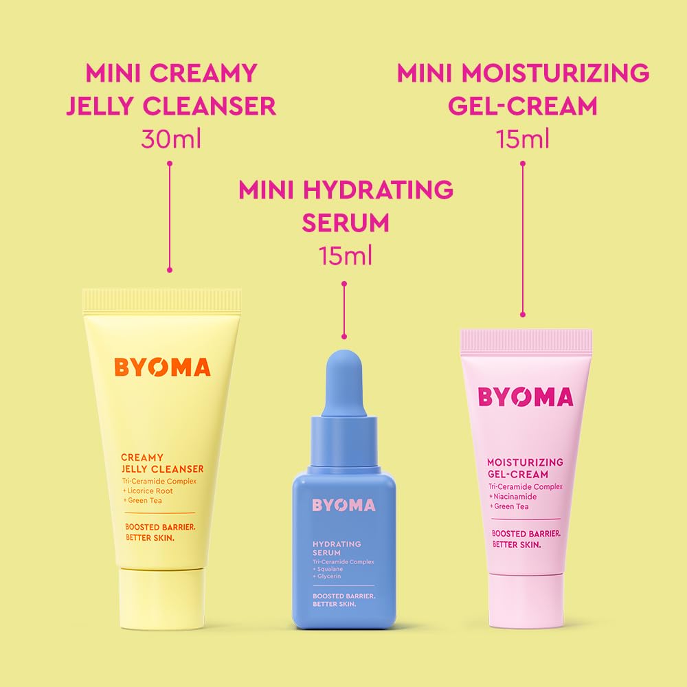 BYOMA So Hydrating Set - Barrier Repair Skincare Set - Creamy Jelly Cleanser Hydrating Face Serum & Ceramide Face Moisturizer for Dry Skin - Anti Wrinkle Alcohol Free Skin Care - 30ml 15ml 15ml