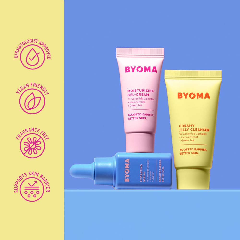 BYOMA So Hydrating Set - Barrier Repair Skincare Set - Creamy Jelly Cleanser Hydrating Face Serum & Ceramide Face Moisturizer for Dry Skin - Anti Wrinkle Alcohol Free Skin Care - 30ml 15ml 15ml