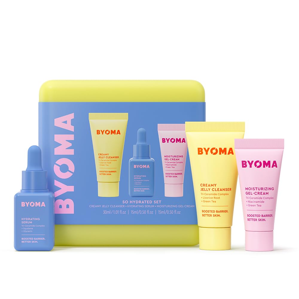 BYOMA So Hydrating Set - Barrier Repair Skincare Set - Creamy Jelly Cleanser Hydrating Face Serum & Ceramide Face Moisturizer for Dry Skin - Anti Wrinkle Alcohol Free Skin Care - 30ml 15ml 15ml